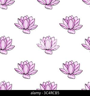 Elegant vector seamless pattern featuring delicate light pink lotus flowers on a pristine white background, ideal for feminine designs and spring-them Stock Vector