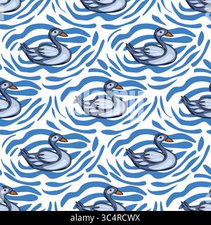 Seamless vector pattern featuring stylized grey swans gracefully gliding on an abstract blue and white wavy water background, creating a calming and e Stock Vector