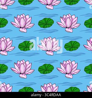 Serene vector seamless pattern featuring delicate pink lotus flowers and vibrant green lily pads gracefully floating on a tranquil blue water surface, Stock Vector
