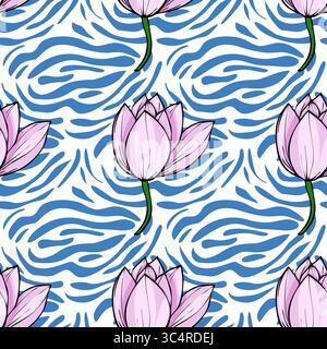 Seamless vector pattern featuring delicate pink lotus blossoms gracefully arranged atop a dynamic, abstract blue and white zebra-like wave background, Stock Vector