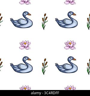 Serene vector seamless pattern featuring stylized ducks, water lilies, and cattails, creating a tranquil lake scene ideal for textile prints or wallpa Stock Vector