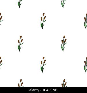 Seamless vector pattern featuring stylized brown cattails with green leaves on a white background, creating a minimalist and natural design. Stock Vector