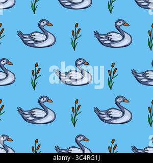 Seamless vector pattern featuring stylized grey ducks and cattails on a light blue background, creating a charming and tranquil lake scene. Stock Vector