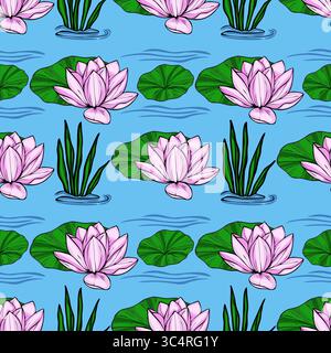 Serene vector seamless pattern featuring delicate pink water lilies, vibrant green lily pads, and lush aquatic plants gracefully floating on a tranqui Stock Vector