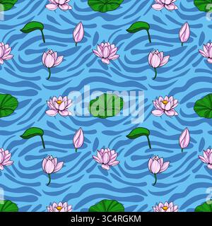 Serene vector seamless pattern featuring delicate pink lotus flowers and lily pads floating on a stylized blue water surface with wavy texture. Stock Vector