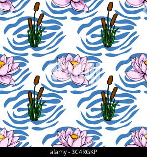 Seamless vector pattern featuring stylized pink lotus flowers and bulrushes on an abstract blue and white wavy water background, creating a serene and Stock Vector