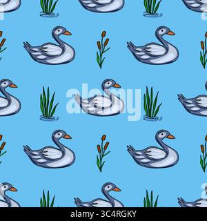 Seamless vector pattern featuring stylized grey ducks swimming peacefully on a light blue lake, interspersed with cheerful green reeds and brown bulru Stock Vector