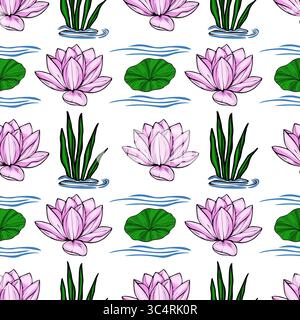 This vector seamless pattern features a serene aquatic scene with delicate pink lotus flowers, vibrant green lily pads, and lush water plants, all ele Stock Vector
