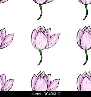 Elegant vector seamless pattern featuring delicate light pink lotus flowers with dark green stems, creating a serene and minimalist floral design idea Stock Vector