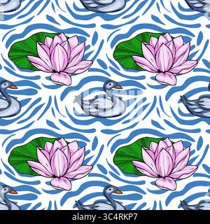Serene vector seamless pattern featuring stylized pink lotus flowers blooming amidst blue water ripples, accompanied by graceful grey ducks, creating Stock Vector