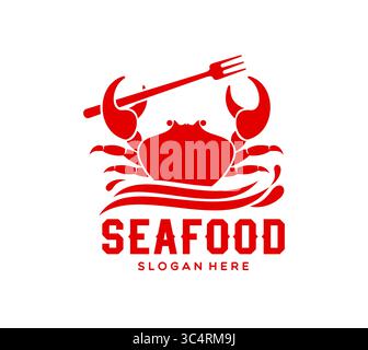 Crab seafood icon, red emblem featuring a crab silhouette holding a fork in its claw on the ocean waves. Vector seafood cuisine label for restaurants branding with bold typography and sea animal Stock Vector