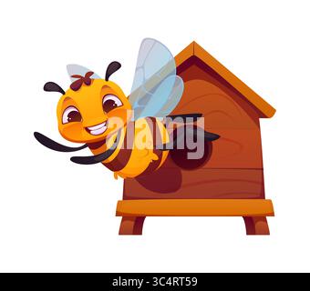 Cartoon honey bee funny character with funny face at hive house, vector little honeybee. Cute bee flying for honey from wooden beehive home, bumblebee insect cheerful character for kids mascot Stock Vector