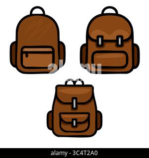 Collection of three vector illustrations of brown backpacks with different designs, showcasing various styles and details for travel or school supplie Stock Vector