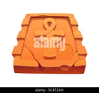 Cartoon stone tablet featuring a carved ancient Egyptian ankh symbol. Vector rock plate with weathered edges, Egypt game icon asset, treasure, archaeology, mythology, or historical finds or artefact Stock Vector
