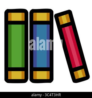A playful vector illustration of three stylized books in green, blue, and red, with golden accents, leaning against each other, creating a dynamic and Stock Vector