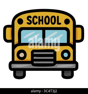 Adorable vector illustration of a school bus front view, featuring a cartoonish style with bold outlines and bright yellow color. Stock Vector