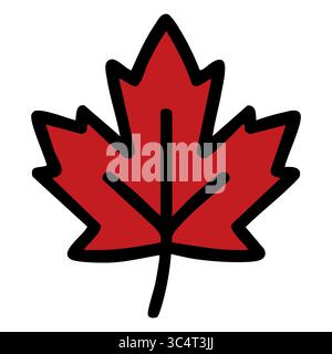 Bold Vector Illustration of a Single Stylized Maple Leaf with Thick Black Outline and Deep Red Fill. Stock Vector