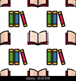 Seamless vector pattern featuring vibrant illustrations of open books and stacks of colorful books, ideal for educational designs and backgrounds. Stock Vector