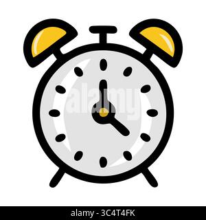 A vector illustration of a simplified alarm clock design, featuring bold black outlines, light grey face, and bright yellow bell tops, conveying a sen Stock Vector