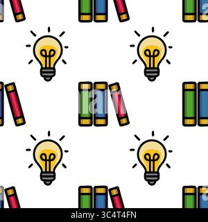 Seamless vector pattern featuring vibrant stacks of books and illuminated light bulbs, symbolizing knowledge and bright ideas in a playful, cartoonish Stock Vector