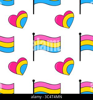Seamless vector pattern featuring vibrant pink, yellow, and blue pansexual flags and hearts, ideal for LGBTQ+ themed designs and celebrations. Stock Vector
