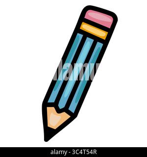 Vibrant vector illustration of a stylized pencil with a playful, hand-drawn aesthetic, featuring bold outlines and a palette of teal, pink, and gold. Stock Vector