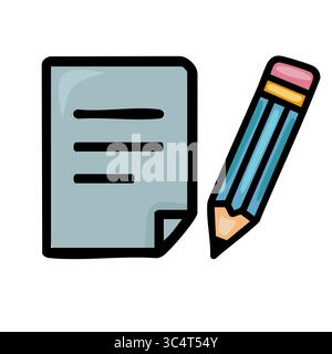 A playful vector illustration of a sheet of paper and a pencil, showcasing a hand-drawn style with bold outlines and a pastel color palette, ideal for Stock Vector