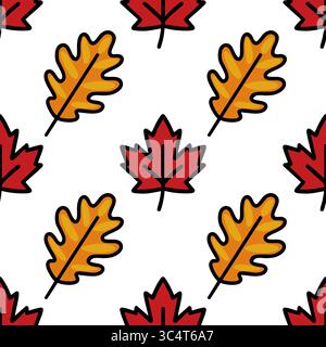 Seamless vector pattern of autumn leaves: vibrant red maple and golden oak leaves on a white background, creating a cheerful and festive design ideal Stock Vector