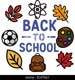Vibrant Back-to-School Vector Illustration Featuring Autumn Leaves, School Supplies, and an Atom Symbol. Stock Vector