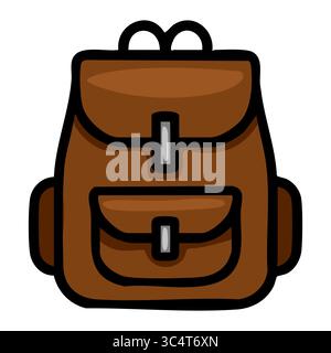 A vector illustration of a brown backpack with two front pockets, featuring a simplistic cartoon style and bold black outlines. Stock Vector