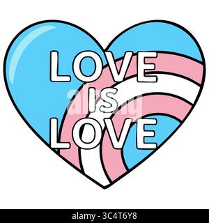 Vector illustration of a heart-shaped design incorporating the transgender flag colors and the phrase Love is Love, showcasing a unique blend of paste Stock Vector