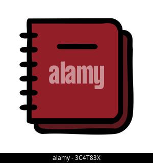Vector illustration of a maroon spiral-bound notebook with a minimalist design, featuring bold black outlines and a simple horizontal line detail, ide Stock Vector
