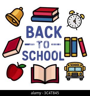 Vibrant Back-to-School Vector Illustration Featuring Books, Bell, Alarm Clock, Apple, and School Bus, Perfect for Educational Designs. Stock Vector