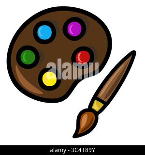 Vibrant vector illustration of an artists palette with colorful paint and a paintbrush, showcasing a playful and creative design style. Stock Vector