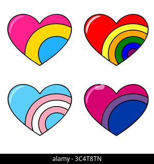 Vector illustration of four hearts with vibrant rainbow stripes representing LGBTQ+ pride flags: pansexual, gay, transgender, and bisexual. Stock Vector