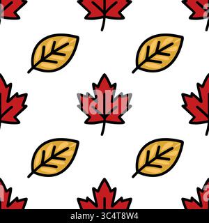 Seamless vector pattern of autumn leaves: red maple and golden foliage, a cheerful fall design with bold outlines. Stock Vector
