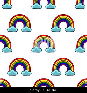 Seamless vector pattern of vibrant rainbows and fluffy clouds, a cheerful and colorful design ideal for kids products or joyful backgrounds. Stock Vector
