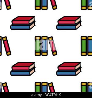 Seamless vector pattern of colorful stacked and single books, ideal for educational backgrounds or stationery designs, featuring bold outlines and a p Stock Vector