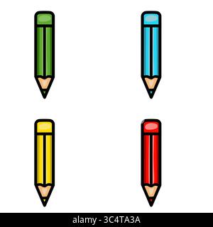 Colorful Vector Illustration of Four Simple Pencils in Green, Blue, Yellow, and Red, Ideal for Education-Themed Designs Stock Vector