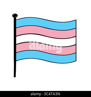 A vector illustration of a transgender pride flag waving on a flagpole, featuring a bold, cartoonish style with distinct black outlines and a simple, Stock Vector