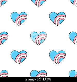 Seamless vector pattern of light blue and pink hearts with transgender flag stripes, perfect for Pride Month celebrations and LGBTQ+ themed designs. Stock Vector