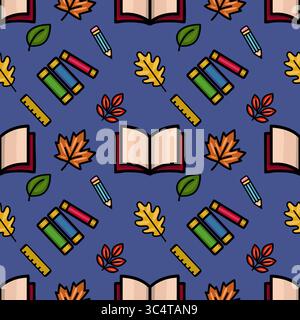 Delightful vector seamless pattern featuring autumn leaves, open books, pencils, and rulers, creating a charming back-to-school or fall-themed design. Stock Vector