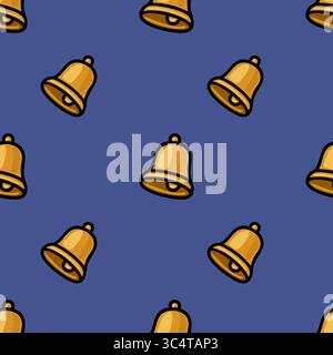 A vector seamless pattern featuring a repeating motif of golden bells on a deep blue background, creating a vibrant and playful design ideal for vario Stock Vector