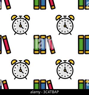 Seamless vector pattern featuring a playful arrangement of alarm clocks and colorful books, ideal for educational or back-to-school themed designs. Stock Vector