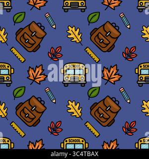 A charming vector seamless pattern featuring a school bus, backpacks, autumn leaves, pencils, and rulers, creating a playful back-to-school design on Stock Vector