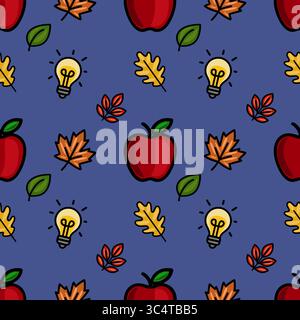 A vibrant vector seamless pattern featuring red apples, autumn leaves, pencils, light bulbs, and rulers on a deep blue background, ideal for back-to-s Stock Vector