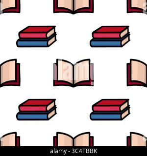 Seamless vector pattern featuring stacks of books and open books in a minimalist cartoon style with bold outlines and a red, beige, and blue color pal Stock Vector