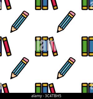 Seamless vector pattern featuring vibrant colored pencils and books, ideal for educational or stationery-themed designs, showcasing a playful and colo Stock Vector