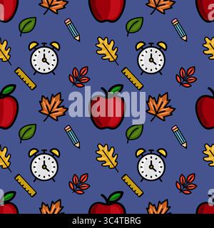 A vibrant vector seamless pattern featuring red apples, autumn leaves, pencils, rulers, and alarm clocks on a deep blue background, ideal for back-to- Stock Vector