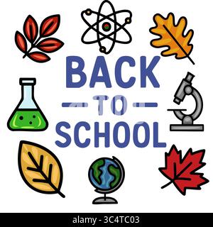 Vibrant Back to School Vector Illustration with Autumn Leaves, Science Icons, and Globe Stock Vector